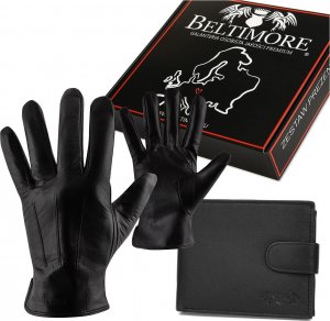 Beltimore Zestaw męski skórzany portfel poziomy rękawiczki czarne Beltimore T84 1