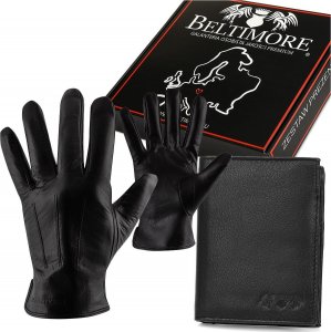 Beltimore Zestaw męski skórzany portfel pionowy rękawiczki czarne Beltimore T83 1