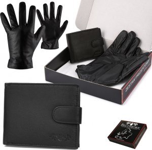 Beltimore Zestaw męski skórzany portfel poziomy rękawiczki czarne Beltimore T89 1