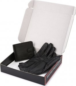 Beltimore Zestaw męski skórzany portfel poziomy rękawiczki czarne Beltimore T89 16