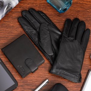Beltimore Zestaw męski skórzany portfel poziomy rękawiczki czarne Beltimore T89 2