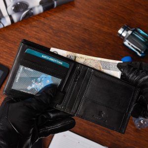 Beltimore Zestaw męski skórzany portfel poziomy rękawiczki czarne Beltimore T89 5