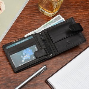 Beltimore Zestaw męski skórzany portfel poziomy rękawiczki czarne Beltimore T89 7