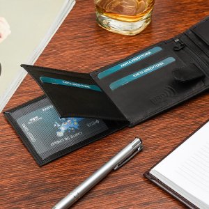 Beltimore Zestaw męski skórzany portfel poziomy rękawiczki czarne Beltimore T89 8