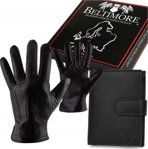 Beltimore Zestaw męski skórzany portfel pionowy rękawiczki czarne Beltimore T82 1