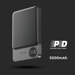 Powerbank V-TAC Power Bank 5000mAh Szary Magnetyczny 9mm Aluminium, Lightning, LCD 20W VT-50005-SG 2