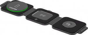 Ładowarka Canyon CANYON WS-305, Foldable 3in1 Wireless charger with case, touch button for Running water light, Input 9V/2A, 12V/1.5AOutput 15W/10W/7.5W/5W, Type c to USB-A cable length 1.2m, with charger QC 18W EU plug, Fold size: 97.8*72.4*25.2mm. Unfol 1