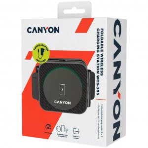 Ładowarka Canyon CANYON WS-305, Foldable 3in1 Wireless charger with case, touch button for Running water light, Input 9V/2A, 12V/1.5AOutput 15W/10W/7.5W/5W, Type c to USB-A cable length 1.2m, with charger QC 18W EU plug, Fold size: 97.8*72.4*25.2mm. Unfol 9