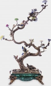 rzezbyzbrazu Duży Świecznik Kwitnące Drzewo z Ptakami z Brązu i Porcelany 1