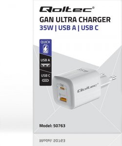 Ładowarka Qoltec Ładowarka sieciowa 35W GaN ULTRA | 5-20V | 2.25-3A | 1 x USB typ C PD | 1 x USB | Biała 5