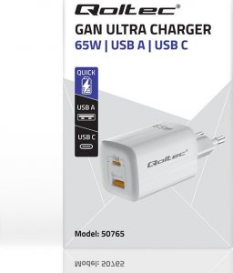 Ładowarka Qoltec Ładowarka sieciowa 65W GaN ULTRA | 5-20V | 2.25-3.25A | 1 x USB typ C PD | 1 x USB QC 3.0 | Biała 5