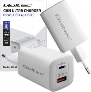 Ładowarka Qoltec Ładowarka sieciowa 65W GaN ULTRA | 5-20V | 2.25-3.25A | 1 x USB typ C PD | 1 x USB QC 3.0 | Biała 6