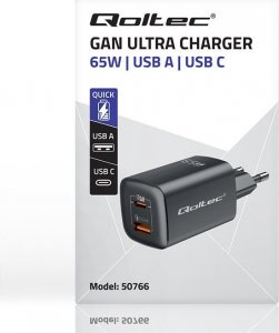 Ładowarka Qoltec Ładowarka sieciowa 65W GaN ULTRA | 5-20V | 2.25-3.25A | 1 x USB typ C PD | 1 x USB | Czarna 5