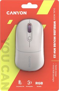 Mysz Canyon CANYON MW-22, 2 in 1 Wireless optical mouse with 4 buttons,Silent switch for right/left keys,DPI 800/1200/1600, 2 mode(BT/ 2.4GHz), 650mAh Li-poly battery,RGB backlight,Rice, cable length 0.8m, 110*62*34.2mm, 0.085kg 6