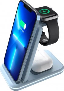 Ładowarka Canyon CANYON WS-304, Foldable 3in1 Wireless charger, with touch button for Running water light, Input 9V/2A, 12V/1.5AOutput 15W/10W/7.5W/5W, Type c to USB-A cable length 1.2m, with QC18W EU plug,132.51*75*28.58mm, 0.168Kg,Blue 2