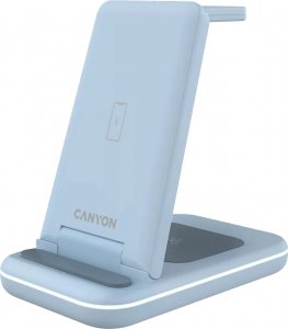 Ładowarka Canyon CANYON WS-304, Foldable 3in1 Wireless charger, with touch button for Running water light, Input 9V/2A, 12V/1.5AOutput 15W/10W/7.5W/5W, Type c to USB-A cable length 1.2m, with QC18W EU plug,132.51*75*28.58mm, 0.168Kg,Blue 3
