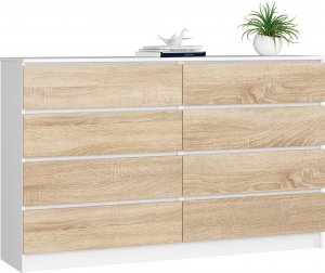 Fabryka Mebli Akord Komoda do salonu K 160 cm 8 szuflad - biała-dąb sonoma 1