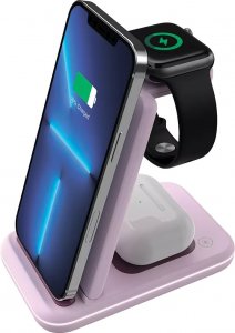 Ładowarka Canyon CANYON WS-304, Foldable 3in1 Wireless charger, with touch button for Running water light, Input 9V/2A, 12V/1.5AOutput 15W/10W/7.5W/5W, Type c to USB-A cable length 1.2m, with QC18W EU plug,132.51*75*28.58mm, 0.168Kg, Iced Pink 2