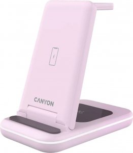 Ładowarka Canyon CANYON WS-304, Foldable 3in1 Wireless charger, with touch button for Running water light, Input 9V/2A, 12V/1.5AOutput 15W/10W/7.5W/5W, Type c to USB-A cable length 1.2m, with QC18W EU plug,132.51*75*28.58mm, 0.168Kg, Iced Pink 3