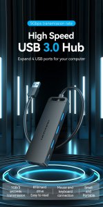 HUB USB Vention Hub USB 3.0 z 4 portami i zasilaczem CHLBD 0,5m czarny 18