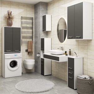 Fabryka Mebli Akord Słupek łazienkowy FIN 180 cm nad pralkę regał 2 drzwi - biały grafit szary 6