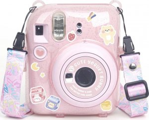 Pokrowiec LoveInstant Futerał Etui Pokrowiec Case do FujiFilm Fuji INSTAX Mini 12 + Naklejki i Kieszeń na Zdjęcia / Jogurtowy Królik / Różowy Brokat 2