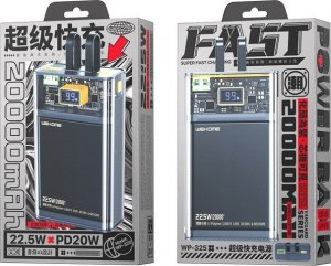 Powerbank Wekome Power bank WP-325 Vanguard Series - 20000 mAh Super Charging z wbudowanym kablem USB-C & Lightning PD 20W + QC 22.5W (Czarny / Przezroczysty) 2