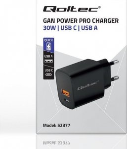 Ładowarka Qoltec Ładowarka GaN Power Pro | 1xUSB-C | 1xUSB | 30W | 5-20V | 1.5-3A | Czarna 2
