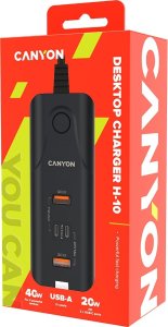 Ładowarka Canyon CANYON H-10, Wall charger. CNE-CHA10B Input: 100-240V~50/60Hz 1.0A Max Output1/Output2: DC USB-A QC3.0 5.0V/3.0A,9.0V/2.0A,12.0V/1.5A 18.0W(Max)USB-C PD 5.0V/3.0A,9.0V/2.22A,12.0V/1.67A 20.0W(Max)USB-A+C 5.0V/3.0A 15.0W(Max)Total Power: 4 2