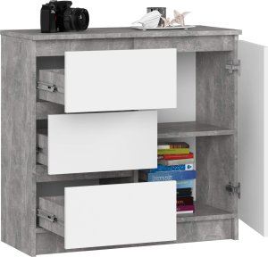 Fabryka Mebli Akord Komoda bezuchwytowa JERRY 80 cm nowoczesna 1 drzwi 3 szuflady 2 półki - beton biała 2