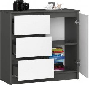 Fabryka Mebli Akord Komoda bezuchwytowa JERRY 80 cm nowoczesna 1 drzwi 3 szuflady 2 półki - grafit szary biała 2