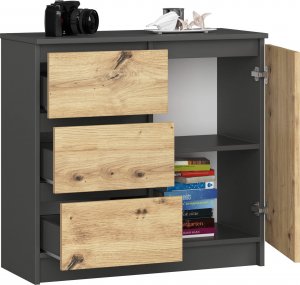 Fabryka Mebli Akord Komoda bezuchwytowa JERRY 80 cm nowoczesna 1 drzwi 3 szuflady 2 półki - grafit szary dąb artisan 2