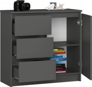 Fabryka Mebli Akord Komoda bezuchwytowa JERRY 80 cm nowoczesna 1 drzwi 3 szuflady 2 półki - grafit szary 2