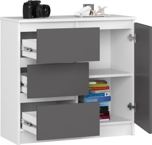 Fabryka Mebli Akord Komoda bezuchwytowa JERRY 80 cm nowoczesna 1 drzwi 3 szuflady 2 półki - biała grafit szary 2