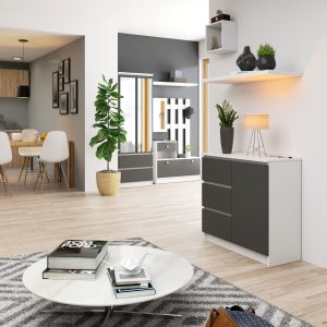 Fabryka Mebli Akord Komoda bezuchwytowa JERRY 80 cm nowoczesna 1 drzwi 3 szuflady 2 półki - biała grafit szary 4