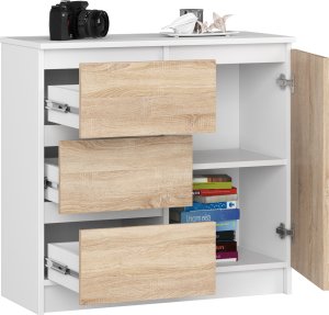 Fabryka Mebli Akord Komoda bezuchwytowa JERRY 80 cm nowoczesna 1 drzwi 3 szuflady 2 półki - biała dąb sonoma 2