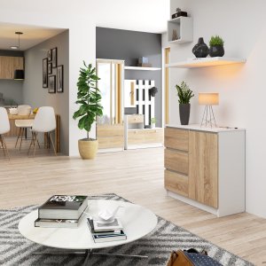 Fabryka Mebli Akord Komoda bezuchwytowa JERRY 80 cm nowoczesna 1 drzwi 3 szuflady 2 półki - biała dąb sonoma 4