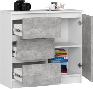 Fabryka Mebli Akord Komoda bezuchwytowa JERRY 80 cm nowoczesna 1 drzwi 3 szuflady 2 półki - biała beton 2