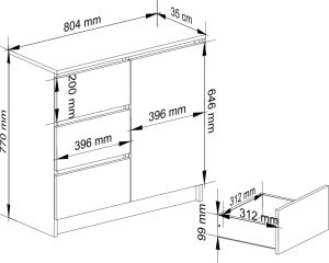 Fabryka Mebli Akord Komoda bezuchwytowa JERRY 80 cm nowoczesna 1 drzwi 3 szuflady 2 półki - biała beton 3
