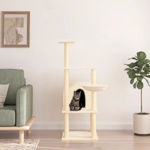 vidaXL Drapak dla kota z sizalowymi słupkami, kremowy, 132 cm 1