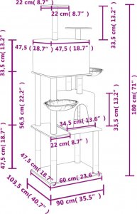 vidaXL Drapak dla kota, z sizalowymi słupkami, jasnoszary, 180 cm 8