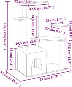 vidaXL Drapak dla kota, z sizalowymi słupkami, jasnoszary, 107,5 cm 7