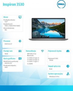 Laptop Dell Notebook Inspiron 3530 Win11Pro i7-1355U/512GB/16GB/Intel Iris Xe/15.6/FHD/Silver/2Y NBD 7
