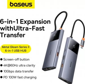 HUB USB Baseus Hub 6w1 Baseus Metal Gleam 2 Series, USB-C do 2xUSB 3.0 +USB-C + HDMI + USB-C PD + Ethernet RJ45 7