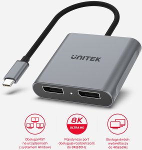 Adapter USB Unitek V1404A USB-C - DisplayPort x2 Srebrny  (V1404A) 3