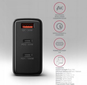 Ładowarka Axagon ACU-DPQ100 Ładowarka sieciowa, GaN 100W, 3x port (USB-A + dual USB-C) PD3.0/QC4+/PPS/Apple, czarna 2