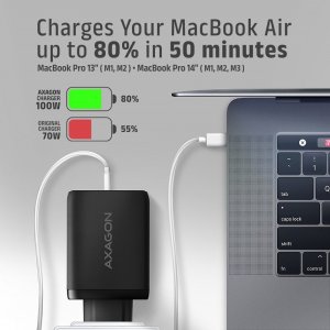 Ładowarka Axagon ACU-DPQ100 Ładowarka sieciowa, GaN 100W, 3x port (USB-A + dual USB-C) PD3.0/QC4+/PPS/Apple, czarna 3