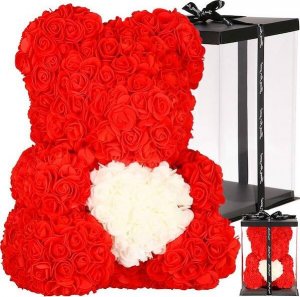 Springos Miś z płatków róż czerwony 36 cm rose bear z białym sercem i pudełkiem prezentowym UNIWERSALNY 1