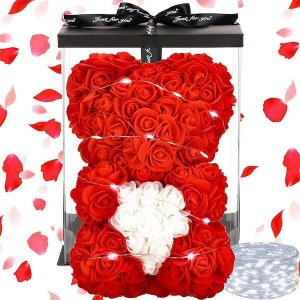 Springos Miś z płatków róż czerwony z sercem, 25 cm rose bear z lampkami LED biały zimny UNIWERSALNY 1