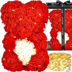 Springos Miś z płatków róż czerwony z sercem, 30 cm rose bear z lampkami LED biały ciepły UNIWERSALNY 1